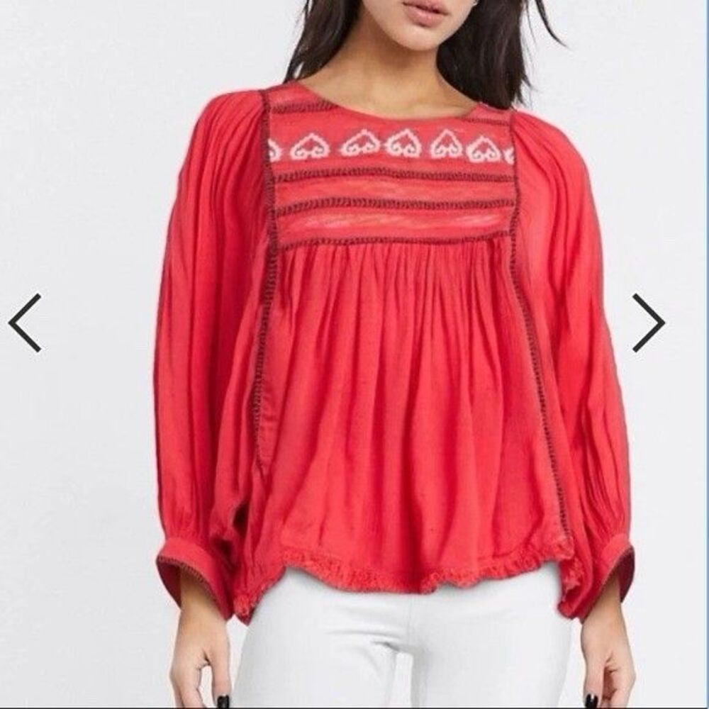 Free People Red Boho Embroidered Lace Peasant Top Women’s Size S/p